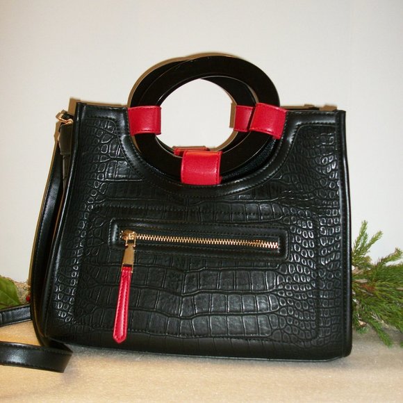 LIKE DREAMS Black & Red Croc Embossed Tote Bag PLUS Cosmetic Bag Insert NEW - Picture 2 of 14